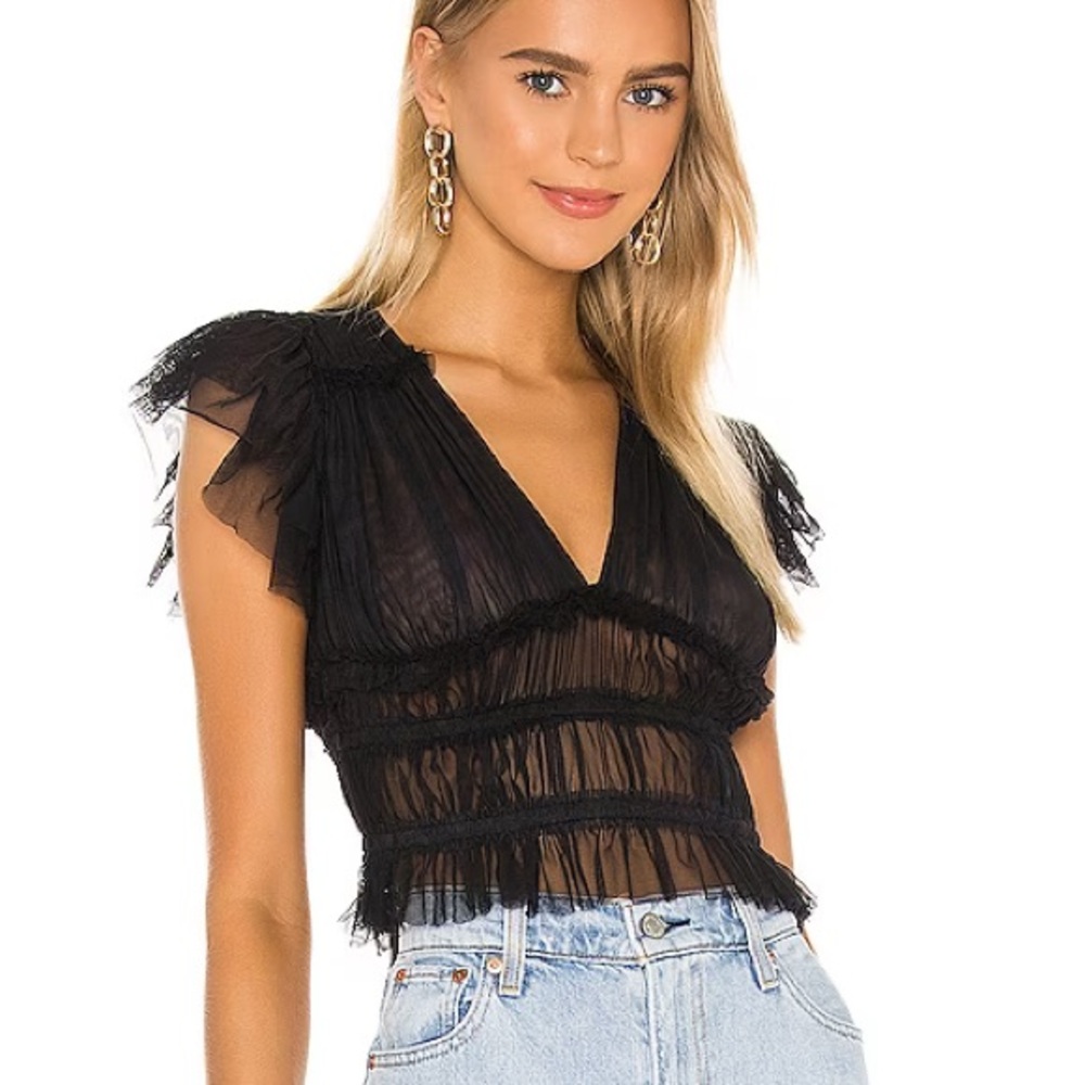 Free People x REVOLVE XS Making Me Smile ruched flutter sleeve black top